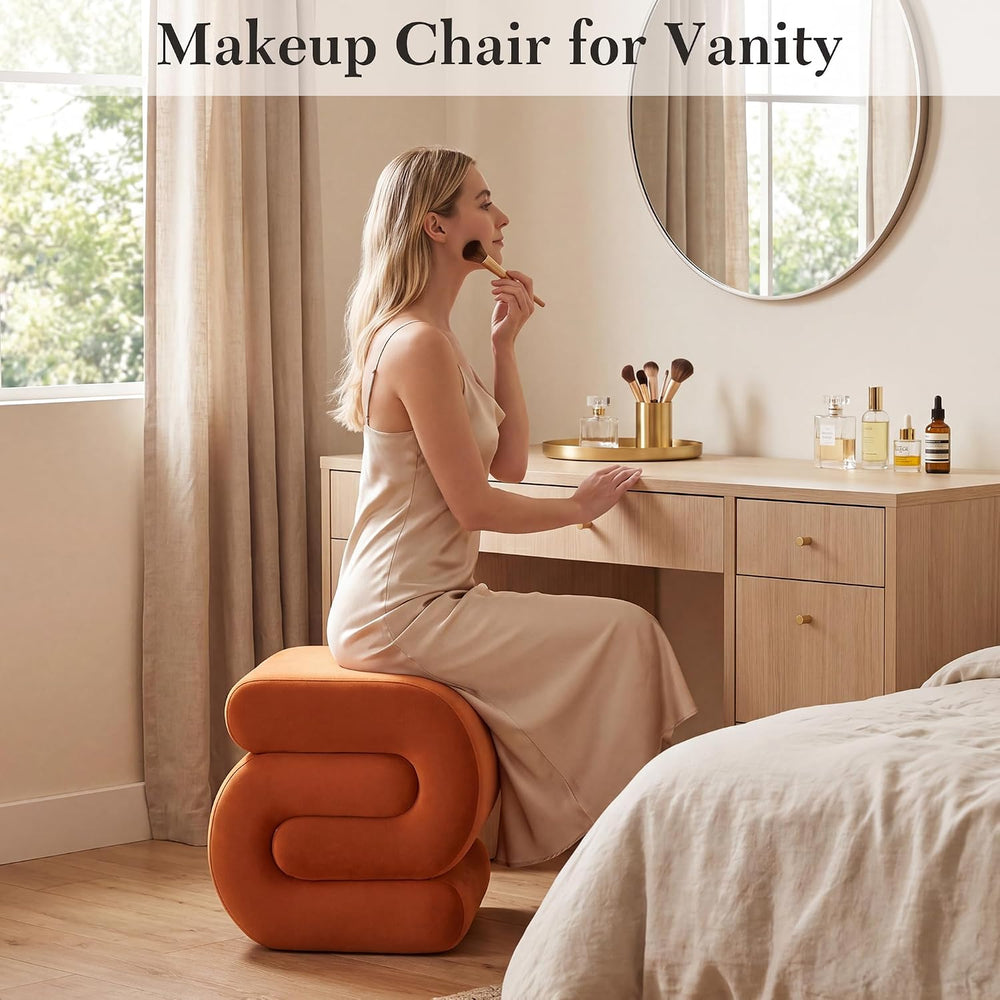 FOXHUNTER S Shape Modern Pouf Ottoman Vanity Stool, Velvet Orange | Footstool...