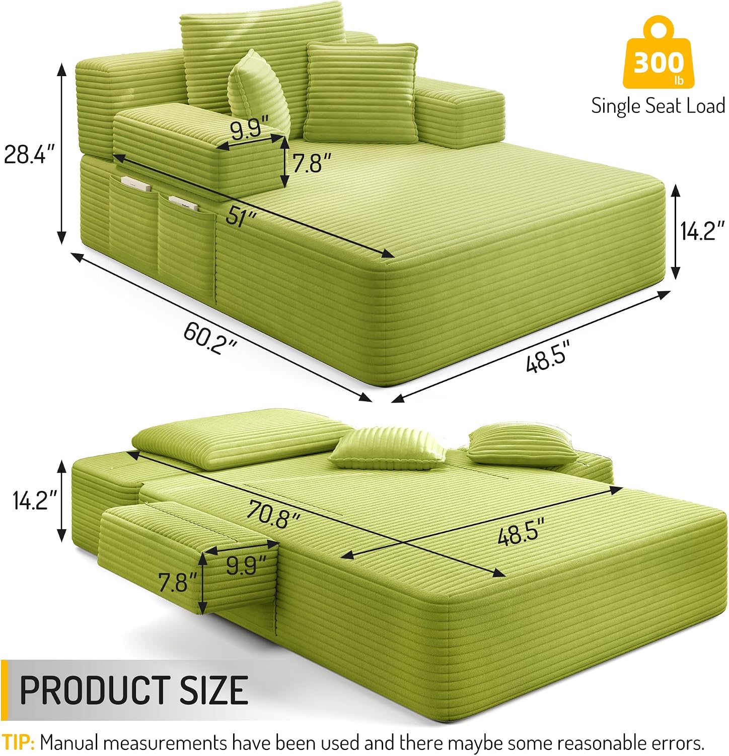 48.5" Boneless Chaise Lounge Chair Sofa Bed Indoor with Zip-Down Convertible Armrests & Backrest, Oversized Cloud Upholstered Compression Sleeper Couch Reading Chairs w/Side Pockets