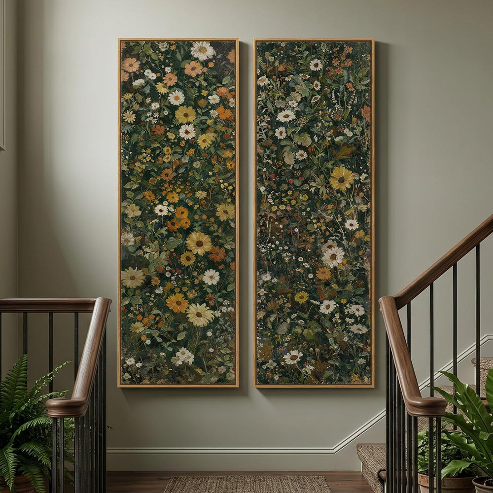 Large Framed Vintage Long Narrow Floral Wall Art for Living Room, 60x20 In