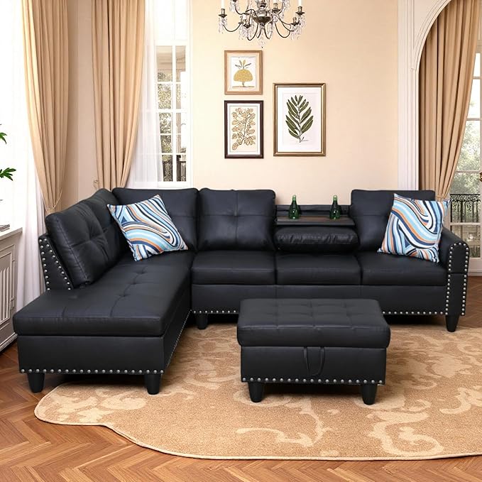 Leather 3-Piece L-Shaped Couches for Living Room, Sectional Sofa with Storage Ottoman & Movable Chaise, Modular Convertible Couch for Bedroom & Apartment, Deep Black