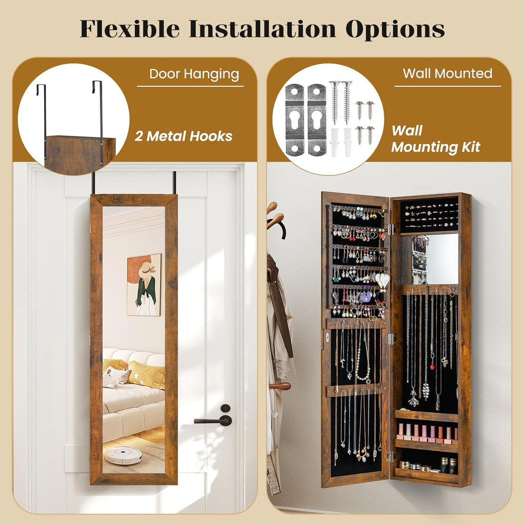 Giantex Wall Mounted Jewelry Cabinet with Full Length Mirror, Over The Door Jewelry Armoire Organizer with Large Storage, Makeup Mirror & Velvet Lining (Rustic Brown)