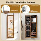 Giantex Wall Mounted Jewelry Cabinet with Full Length Mirror, Over The Door Jewelry Armoire Organizer with Large Storage, Makeup Mirror & Velvet Lining (Rustic Brown)