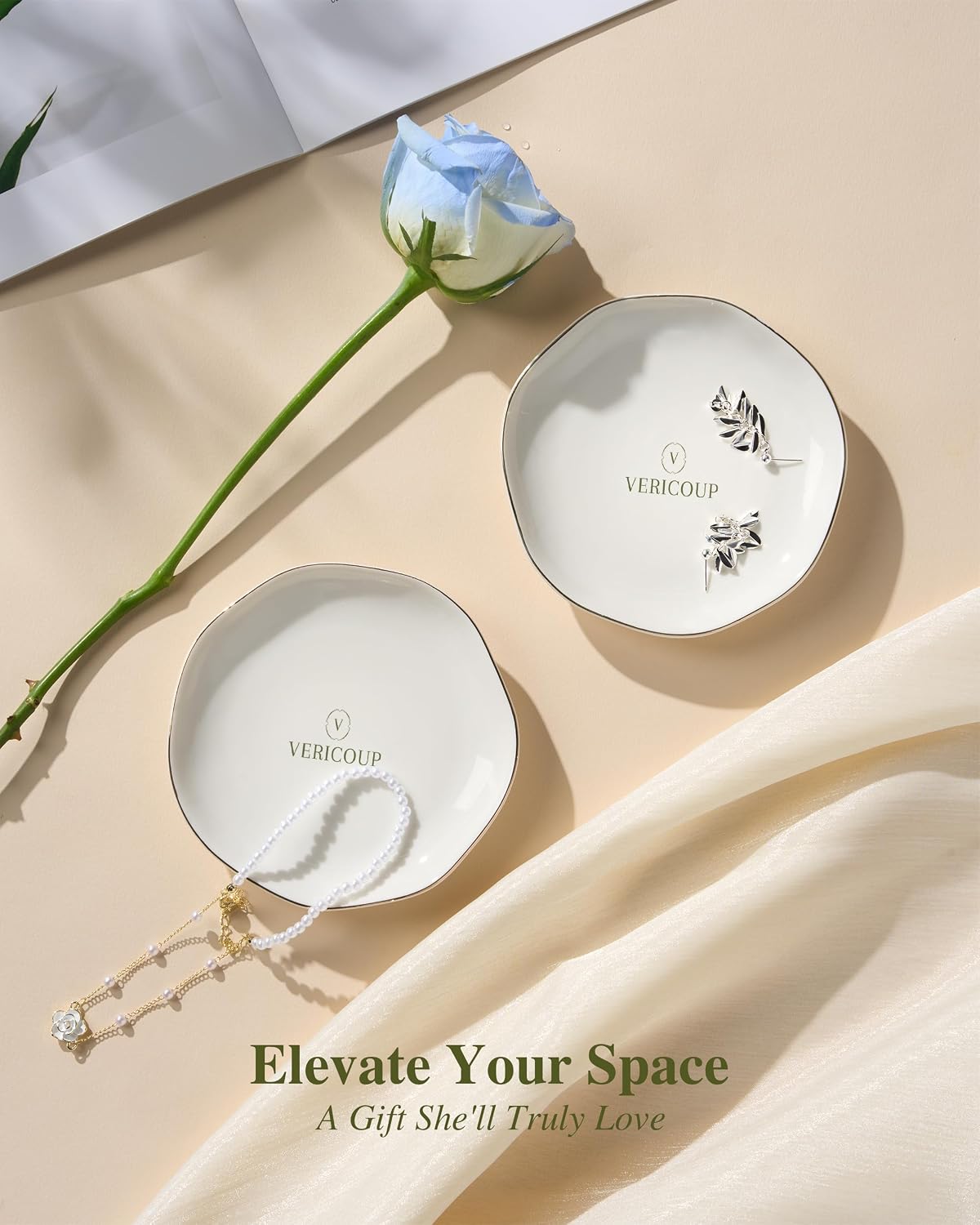 Ceramic Jewelry Dish | Cream White Ring & Earring Tray, 4.5 Inch Round Home Decor Gift for Bride, Engagement, Women