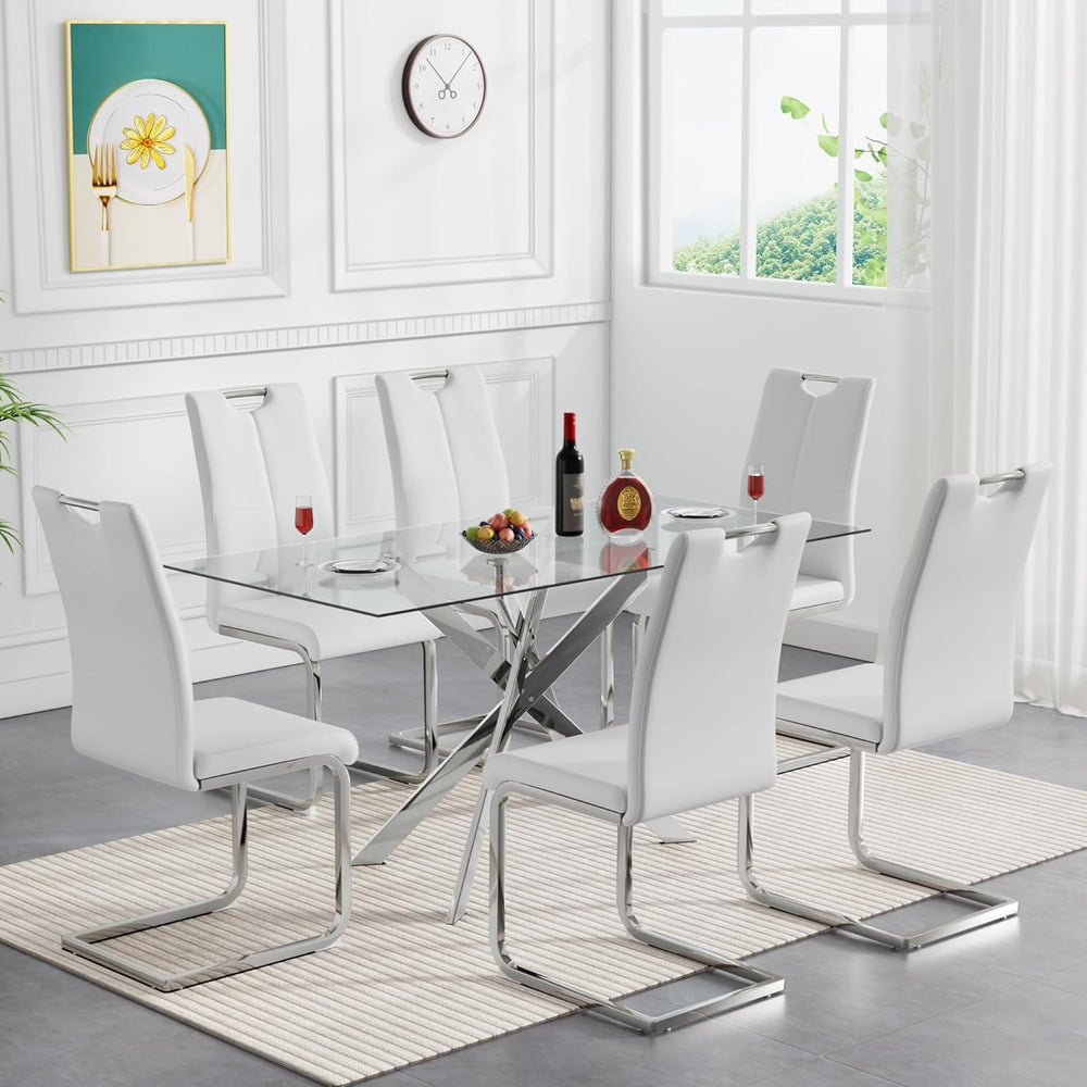Henf 7 Piece Glass Dining Table Set for 6, 61" Modern Silver Kitchen Tab...
