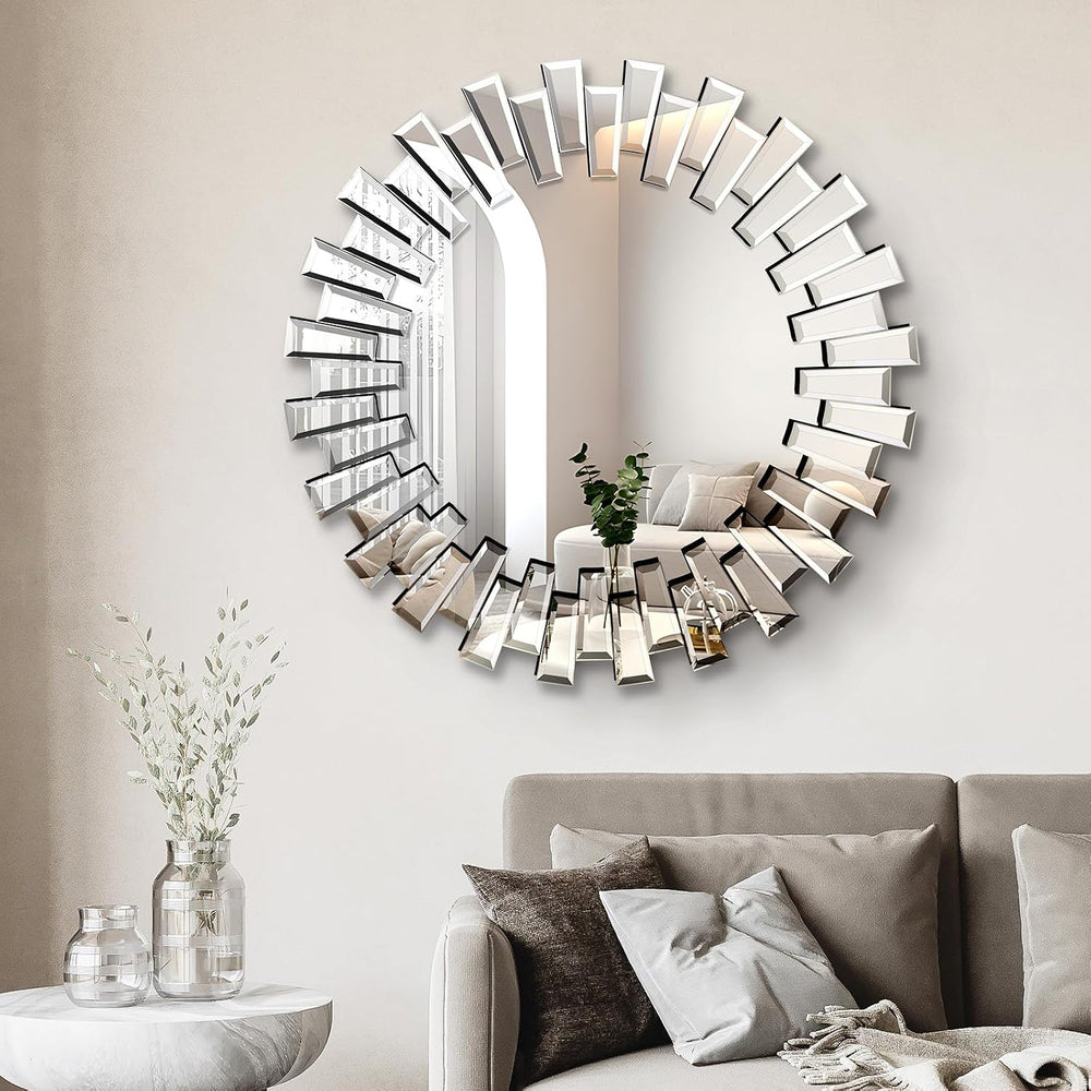 QDSSDECO Round Mirror Sunburst Wall Mirror 24" Beveled Edge Frameless fo...
