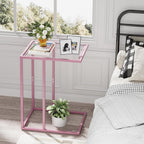 C Shaped End Table, Side End Tables for Living Room,Glass Sofa Couch Table with Metal Frame, Small Tv Tray Snack Dinner Table for Bedroom, Small Spaces, Easy Assembly (Pink)