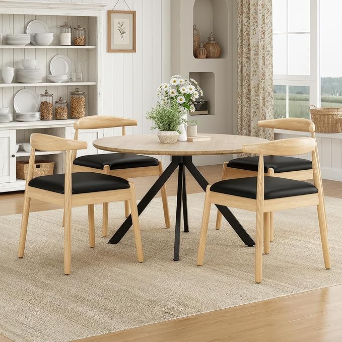 Farini Mid Century Modern Dining Chairs Set of 4, Solid Wood Frame Kitchen Chairs with PU Leather Upholstered Seat for Dining Room & Breakfast Nook,Natural-Black