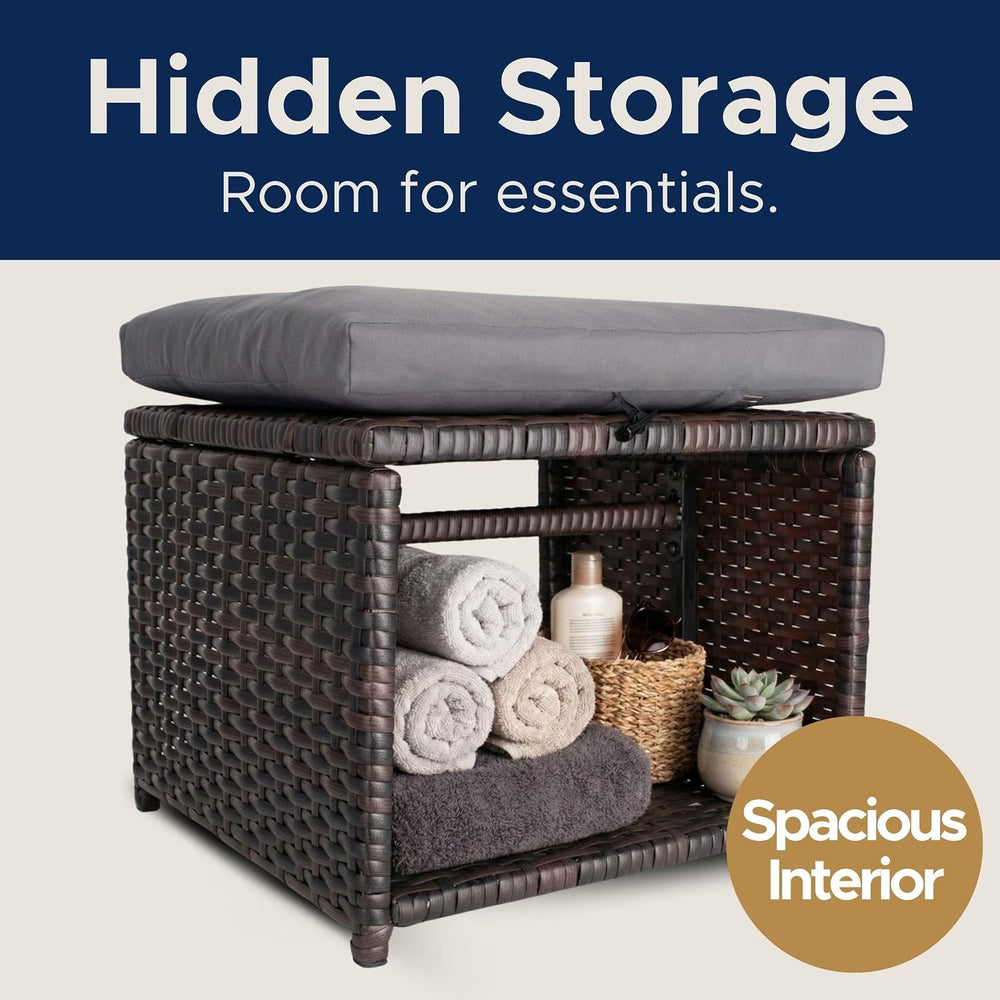 Outdoor Storage Ottoman (Set of 2) - All-Weather Wicker Patio Footstool with ...