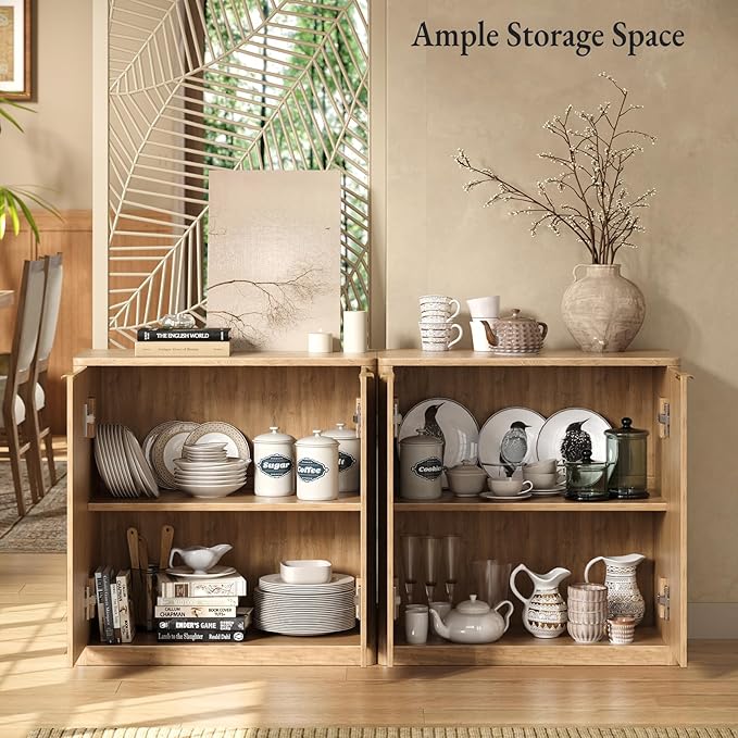 63" Oak Buffet Cabinet with Storage, Large Fluted Sideboard with Adjustable Shelves, Accent Credenza for Living Room, Entryway, Dining Room, Kitchen, Coffee Bar Table with Doors