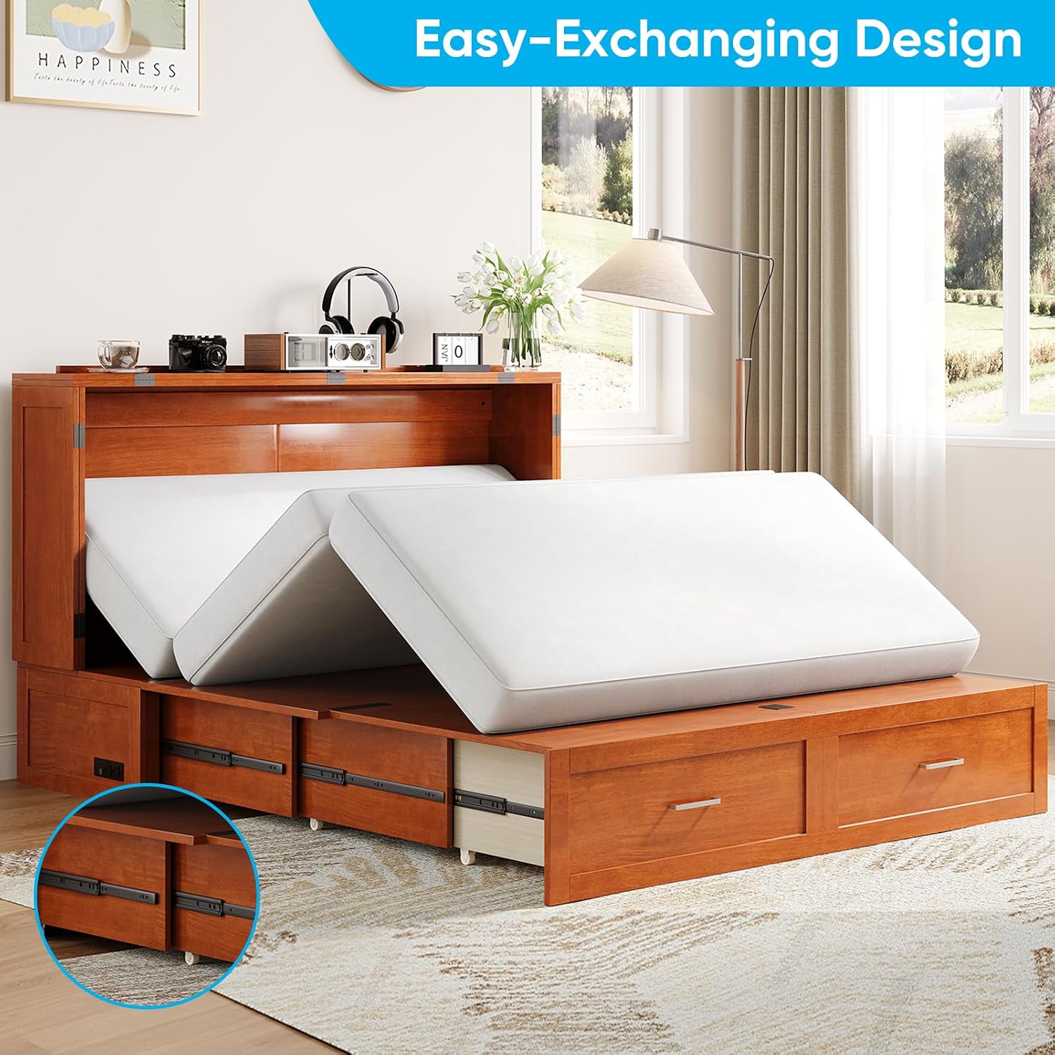 Mjkone 64" Width Murphy Cabinet Bed Queen Size with Foldable Mattress Included, Guest Murphy Beds with Drawers, Cube Cabinet Chest Wall Beds with USB Charging Station for Bedroom, Home Office, Cherry