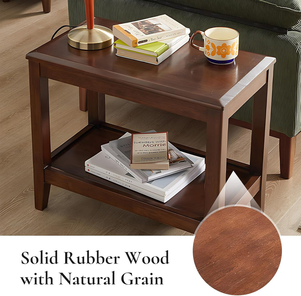Side Table, Solid Wood Rectangular End Table with Storage Shelf, 2-Tier Coffe...