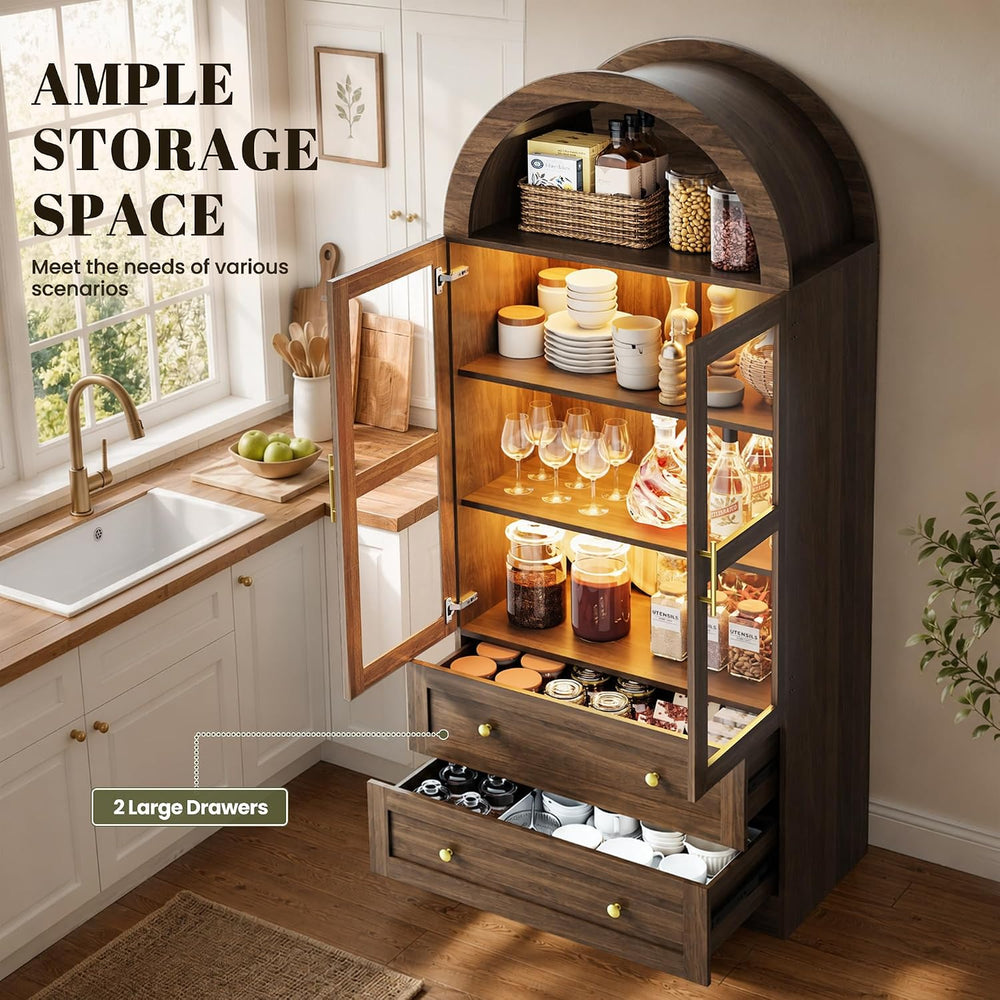 71" Tall Arched Kitchen Pantry Cabinet with LED Light, Modern Farmhouse ...