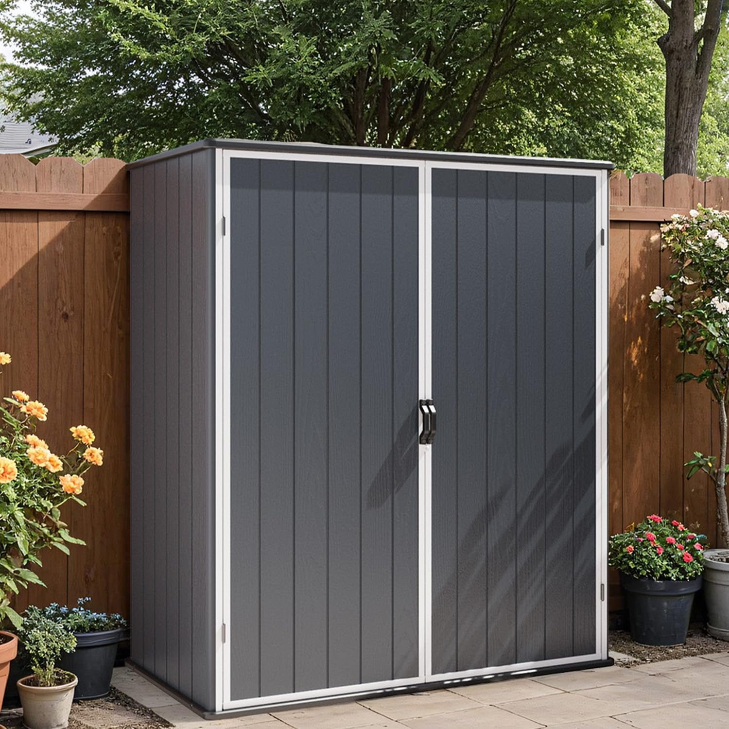 Patiowell Plastic Outdoor Storage Shed, 5 x 3 FT Patio Outdoor Storage Cabinet with Stable Roof & Lockable Doors, Waterproof Resin Shed for Tools, Patio Furnitrue Accessories, Dark Gray