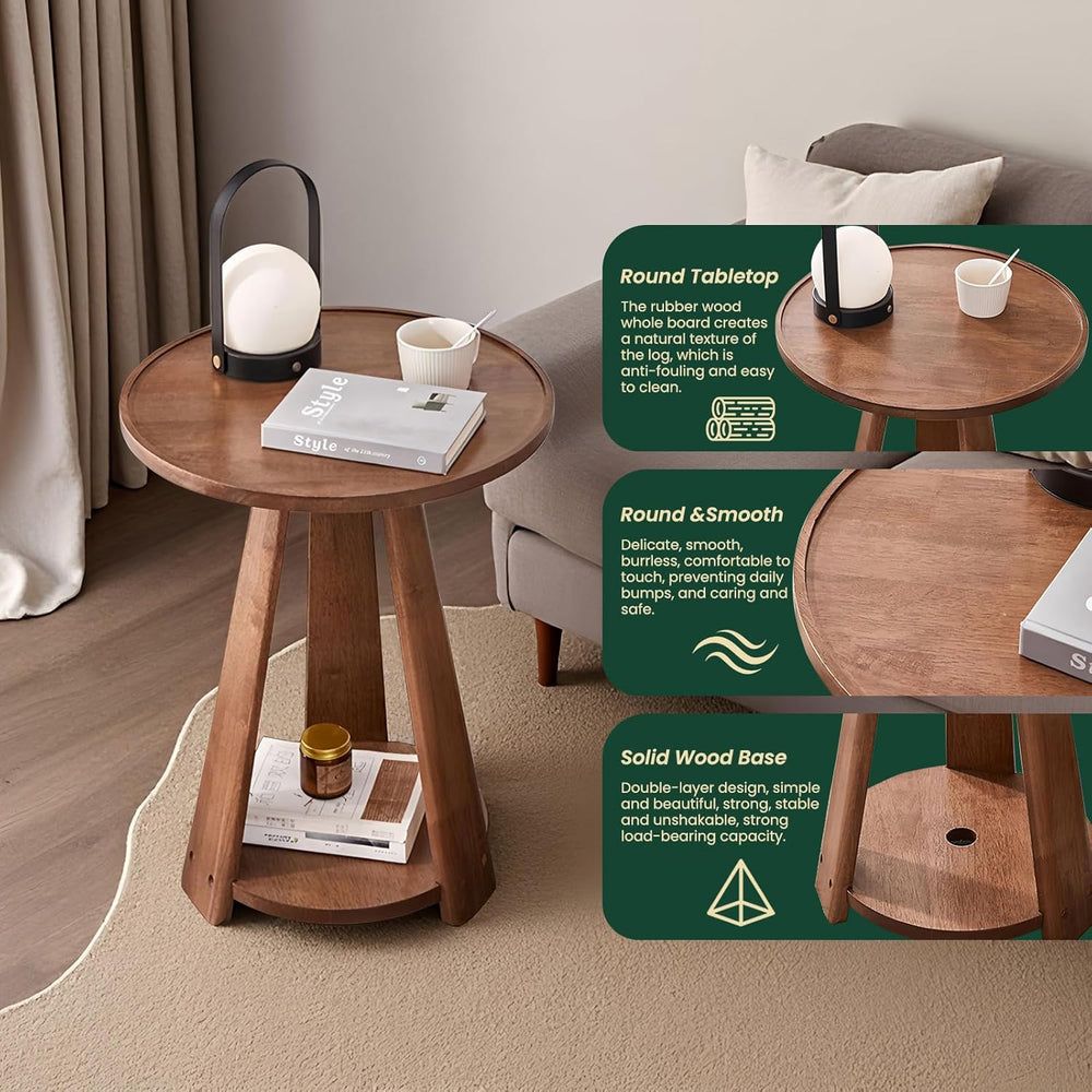 100% Solid Wood Round End Table, 2-Tier Side Table with Anti-Drop Tray Top, S...