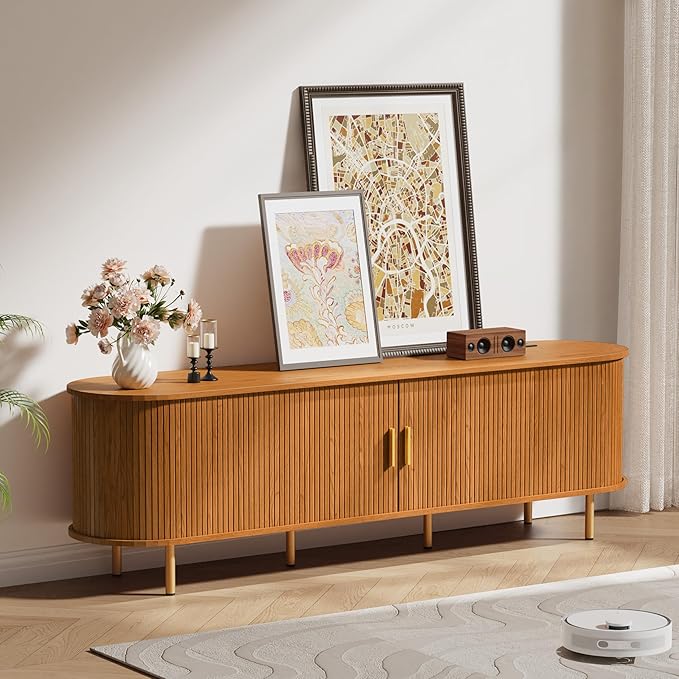 DHH 70.8 Inch Mid Century Modern TV Stand with Power Outlet for TVs up to 80 Inch, Entertainment Center with Storage and Adjustable Shelves, Media Console with Sliding Doors for Living Room(Yellow)