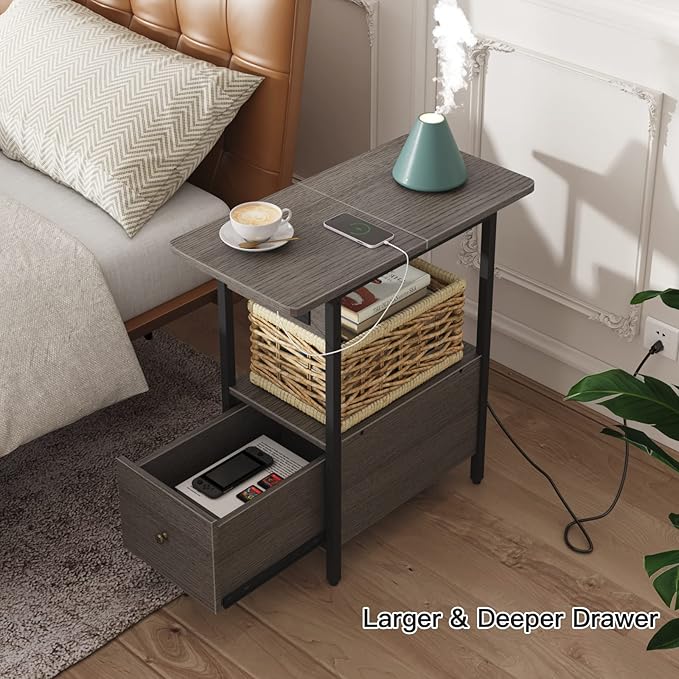 LIDYUK End Table with Charging Station, Narrow Side Table with Drawer and USB...