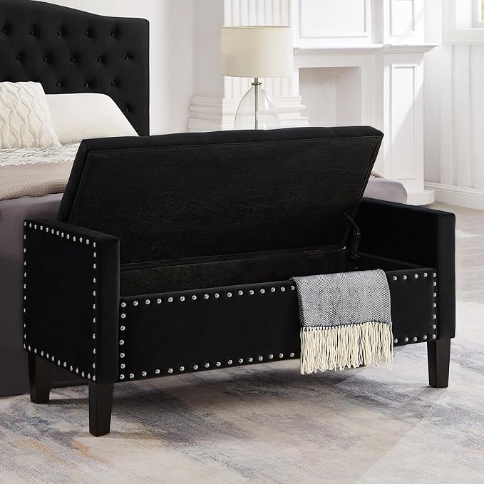 Upholstered Velvet Storage Ottoman Bench with Nail Trims,Soft Padded Seat with Armrest,for Living Room,Bedroom,Entryway,Easy to Assemble,Black
