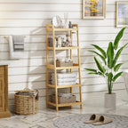 Bookshelf, 5 Tier Ladder Bookcase with Bamboo Frame, Freestanding Tall Narrow Display Plant Shelf for Living Room, Kitchen, Bedroom, Balcony, Natural