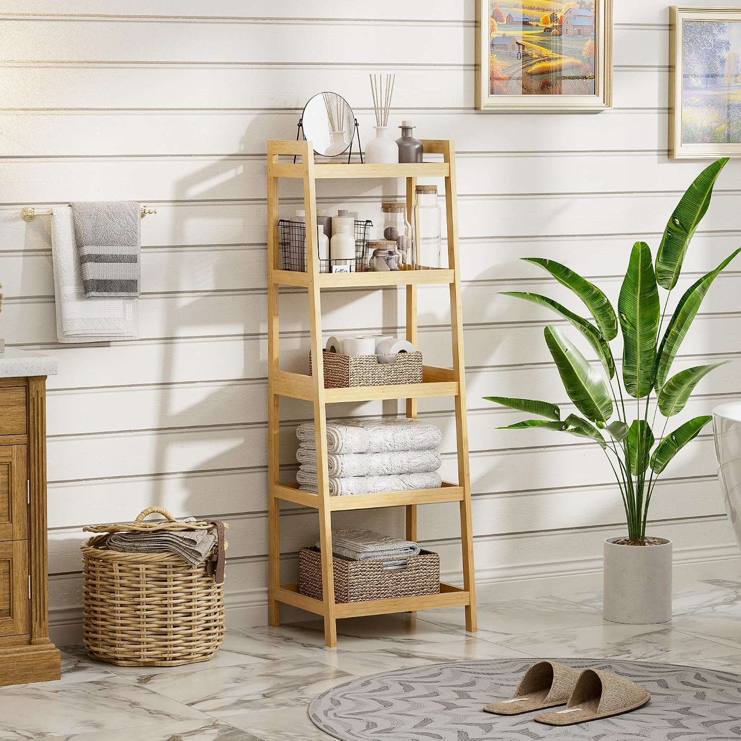 Bookshelf, 5 Tier Ladder Bookcase with Bamboo Frame, Freestanding Tall Narrow Display Plant Shelf for Living Room, Kitchen, Bedroom, Balcony, Natural