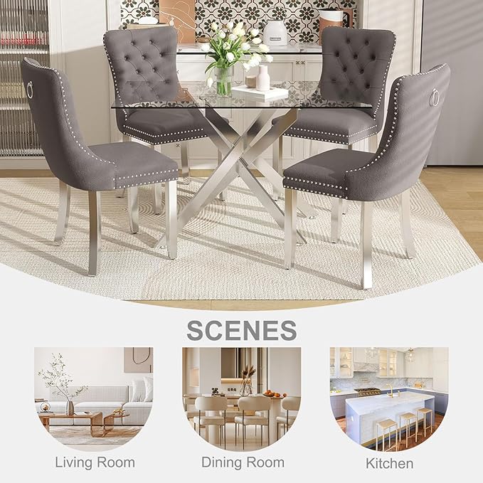 51 Inch Glass Dining Table Set for 4, Rectangular Glass Kitchen Table with 4 Upholstered Velvet Accent Chairs, 5 Piece Modern Dining Room Set, for Home, Apartment, Small Spaces - Grey Silver