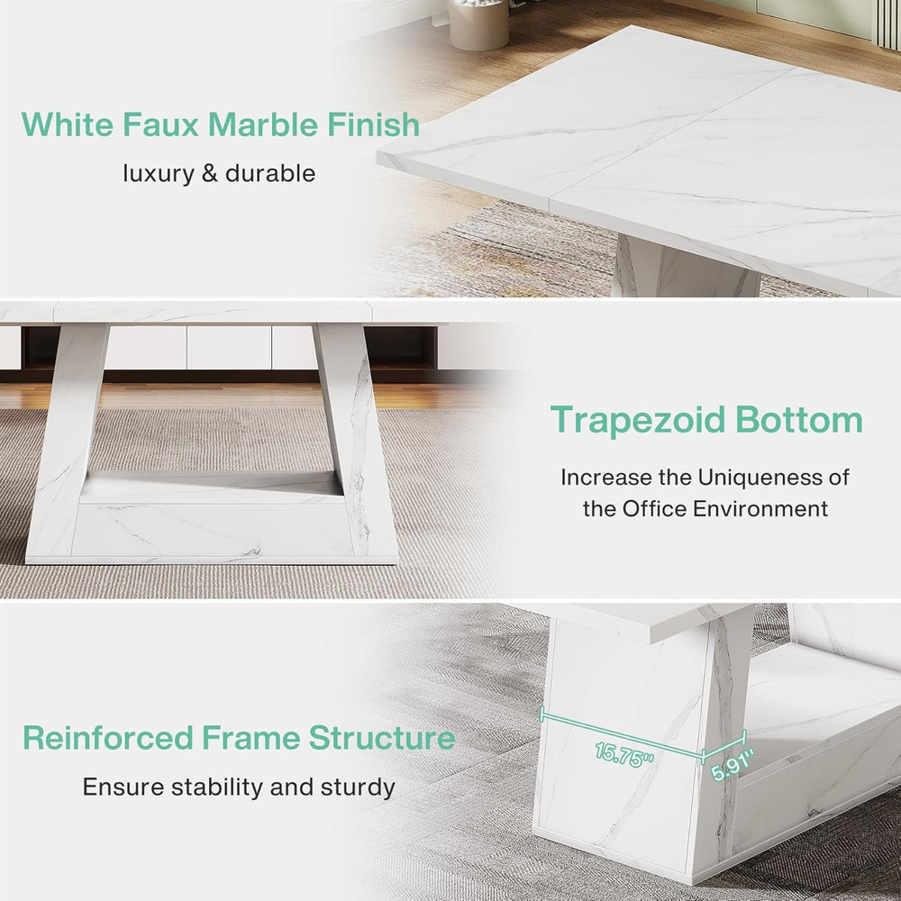 63" White Dining Table for 4-6 People, Modern Faux Marble Wooden Table w...