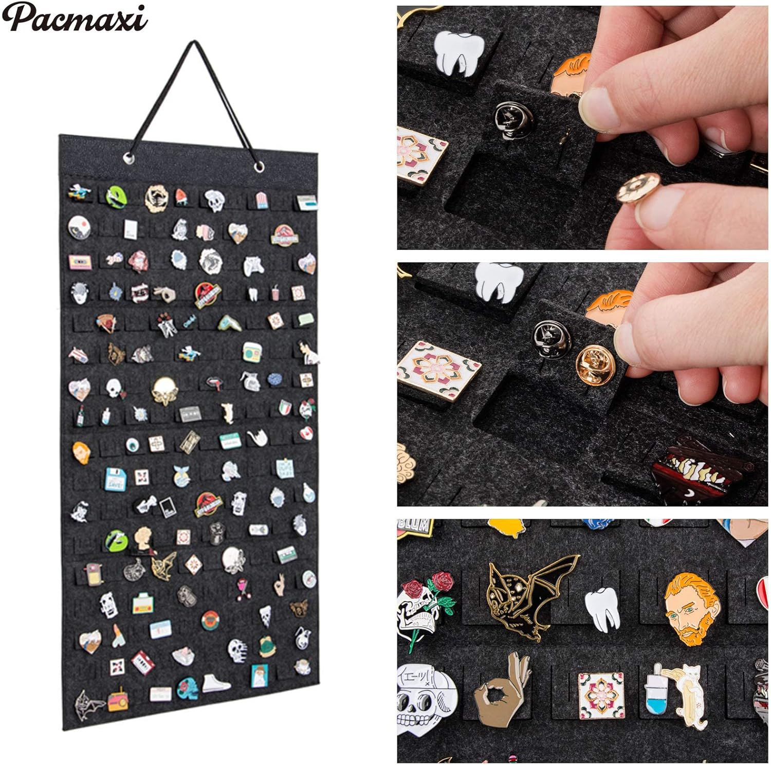 PACMAXI Hanging Brooch Pin Organizer, Display Pins Storage Case, Brooch Collection Storage Holder, Holds Up to 96 Pins.(Not Include Any Accessories) (M-170 Slots, Dark gray, Medium)
