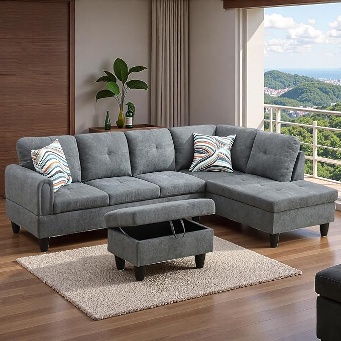 Sectional Couches for Living Room with Movable Chaise & Storage Ottoman - 97.5" Velvet L Shaped Couches for Living Room Apartment, 4 Seat Home Furniture Modular Sectional Sofas, Grey