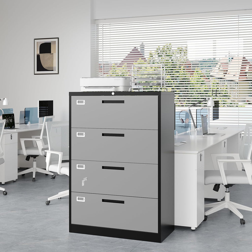 4 Drawer File Cabinet, Lateral Filing Cabinets for Home Office, Office Storage Drawers with Lock, Hanging Files Legal/Letter A4 Size (Assemble Required,Black Grey)