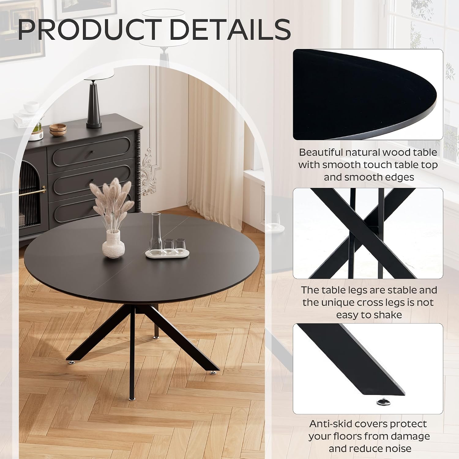 RGZ 47" Round Dining Table Set for 4, 5 PCS Modern Wooden Black Circle Kitchen Table with Steel Legs & 4 Green Velvet Upholstered Chairs for Dining Room, Living Room, Kitchen