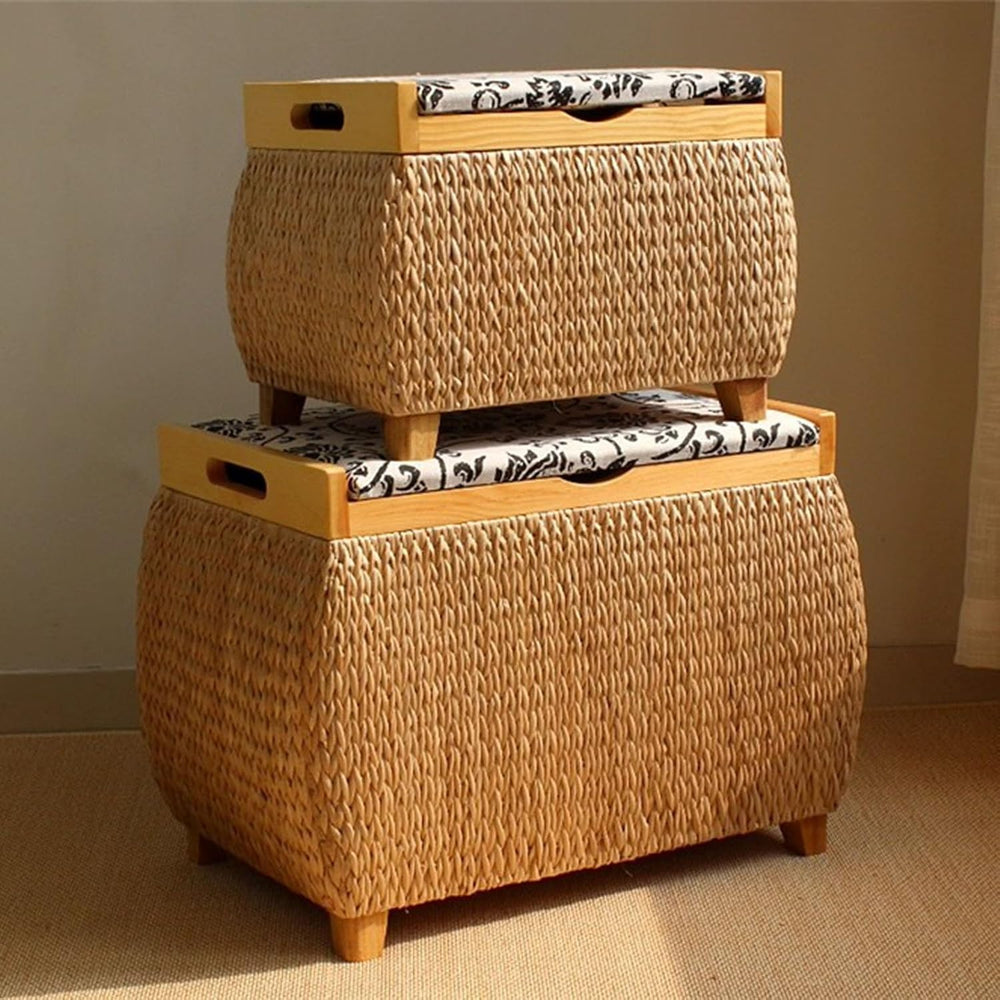 Ottoman with Storage Rattan Woven ，Bench with Padded Seat End of The Bed Entr...