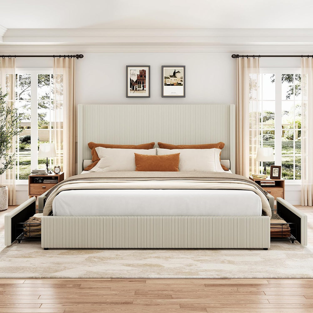GarveeHome King Beige Storage Bed Frame, Corduroy Upholstered Platform Bedfra...