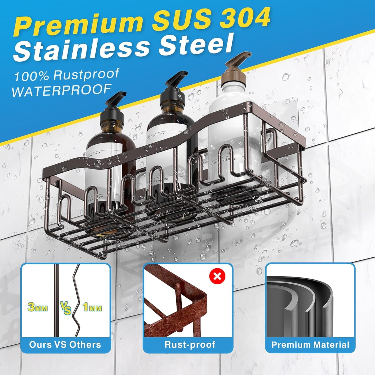 EUDELE 5-Pack Rustproof Stainless Steel Shower Caddy – No Drill Adhesive Bathroom Organizer with Large Capacity, Spacious Shower Shelves for Inside Shower, Kitchen & Home Decor Storage-XL Size