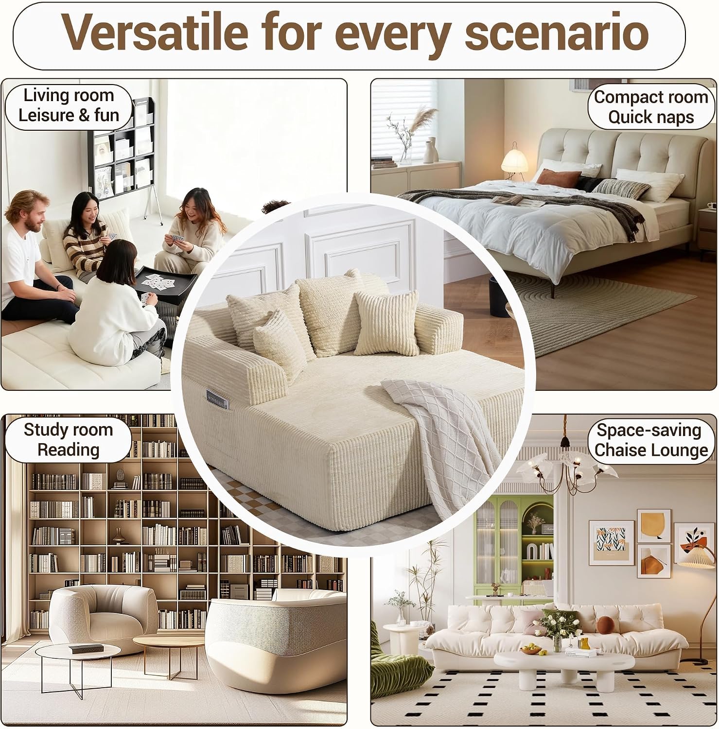 58" Oversized Boneless Chaise Chair, Beige | Corduroy Lounge Chair Indoor Sleeper Sofa Bed with Arms and 4 Pillows No Assembly for Bedroom Living Room
