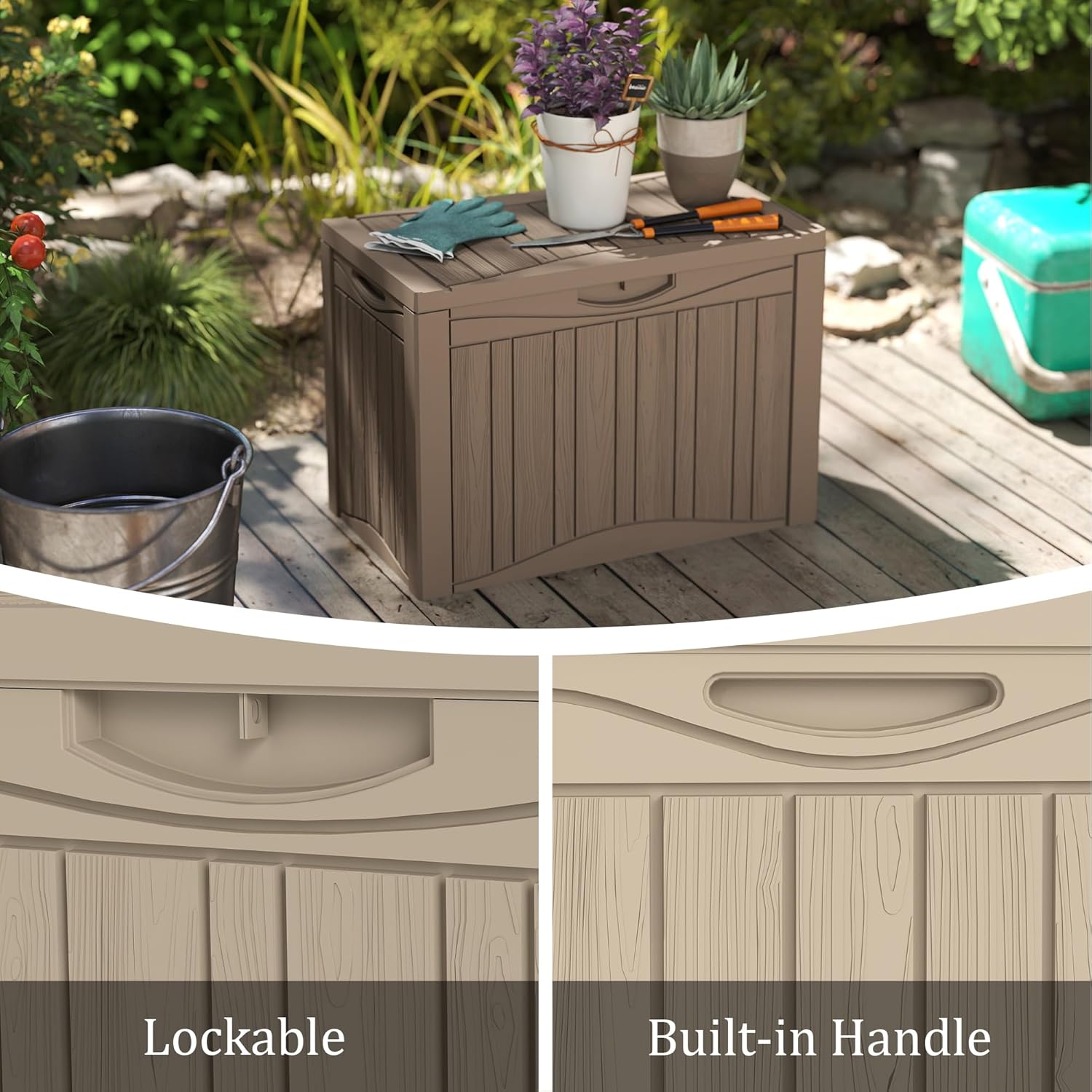 TARKARI 50 Gallon Lockable Resin Deck Box, Waterproof & UV-Resistant Outdoor Storage Box for Outdoor Cushion Storage, Garden Tools & Pool Accessories Storage, Gray