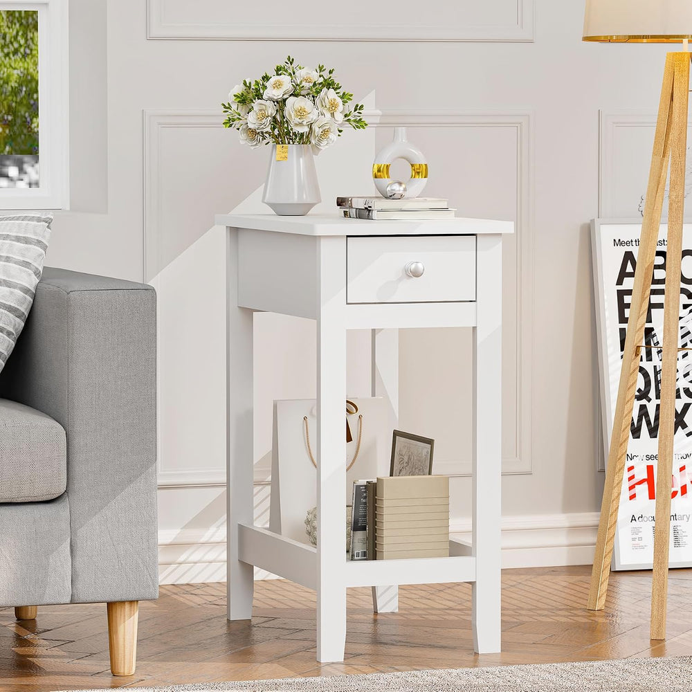 SEJOV End Table Set of 2, Narrow Night Stand with Drawer and Shelves, 2-Tier ...