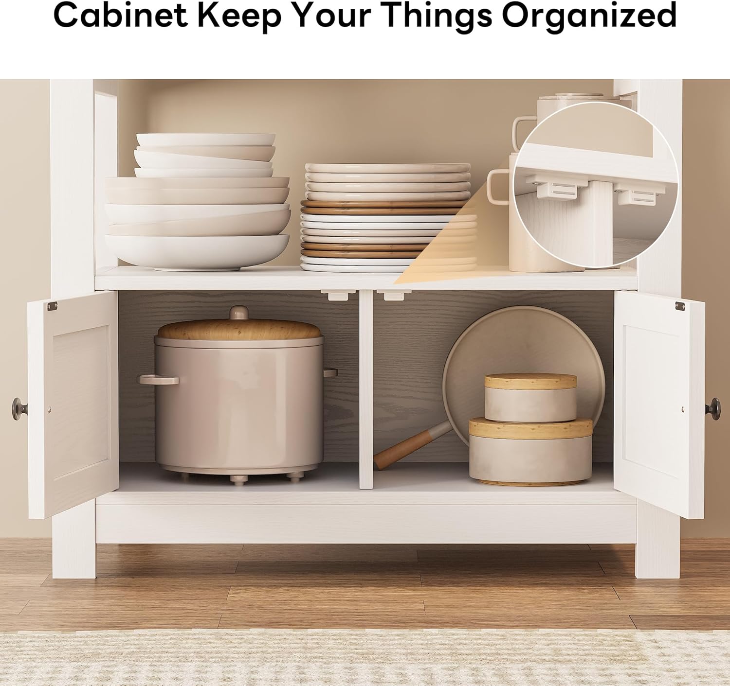 LIKIMIO Baker Rack with Spill-Safe Power Outlet & Drawer, Coffee Bar Cabinet with Storage, Farmhouse Microwave Stand with Hutch and 5 Hooks for Kitchen, White
