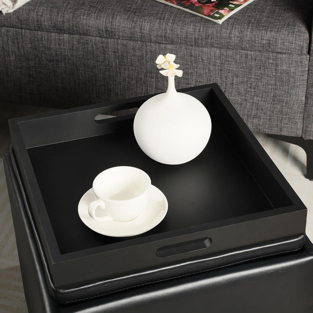 Adeco 17" Black Storage Ottoman Cube with Tray Lid, Small Footstool with...