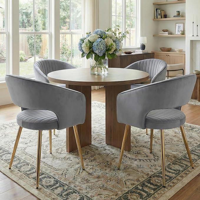 Grey Velvet Dining Chairs Gold Legs, Modern Dining Room Chairs with Arms Set of 4 Upholstered Accent Chair Armchair with Barrel Back for Kitchen Living Room