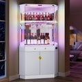 Vlsrka 71" Tall Corner Bar Cabinet with RGB Lighting & Motion Sensor LED | Corner Wine Cabinet with Mirror Back & Glass Doors, Modern Liquor Cabinet with Textured Storage for home living room, White