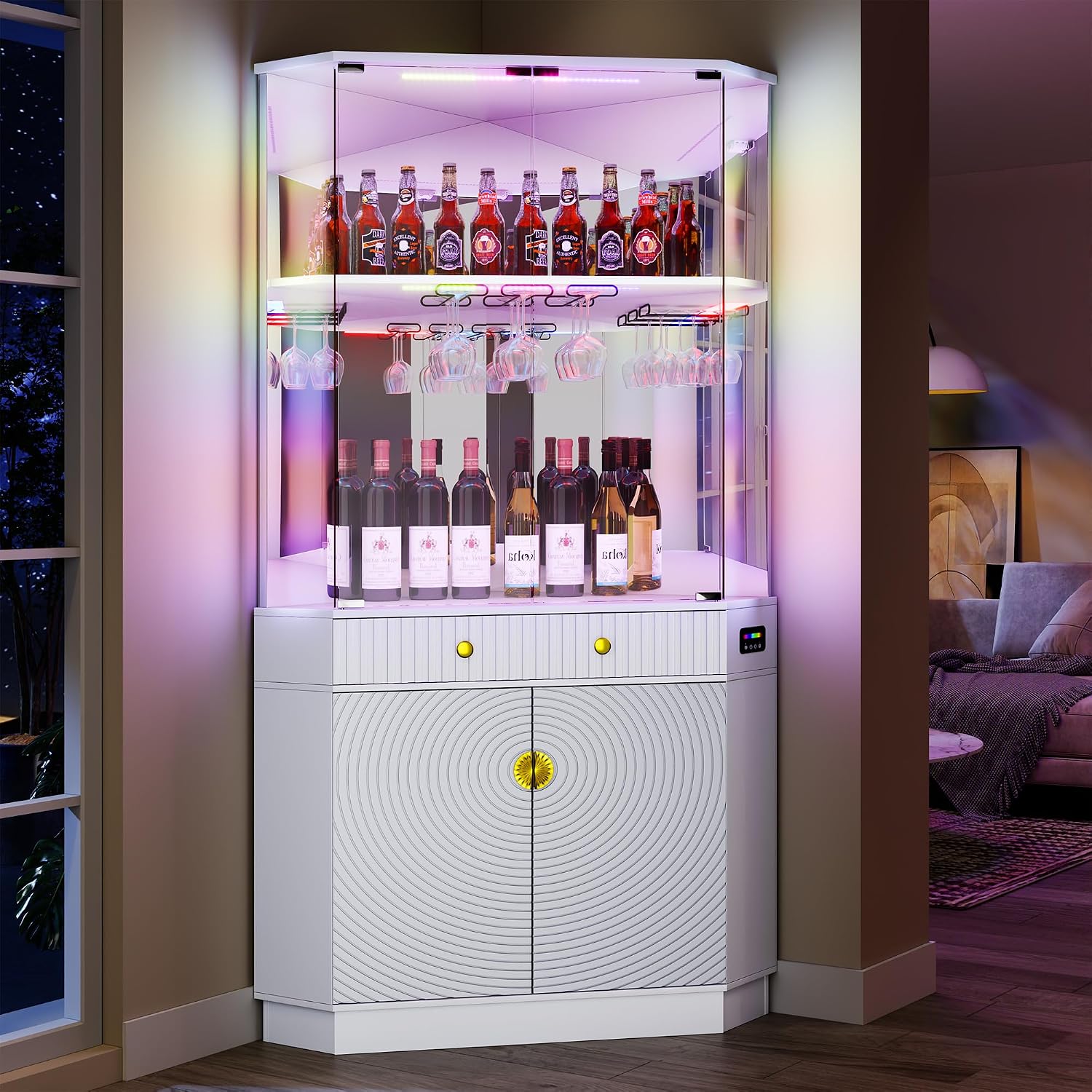 Vlsrka 71" Tall Corner Bar Cabinet with RGB Lighting & Motion Sensor LED | Corner Wine Cabinet with Mirror Back & Glass Doors, Modern Liquor Cabinet with Textured Storage for home living room, White