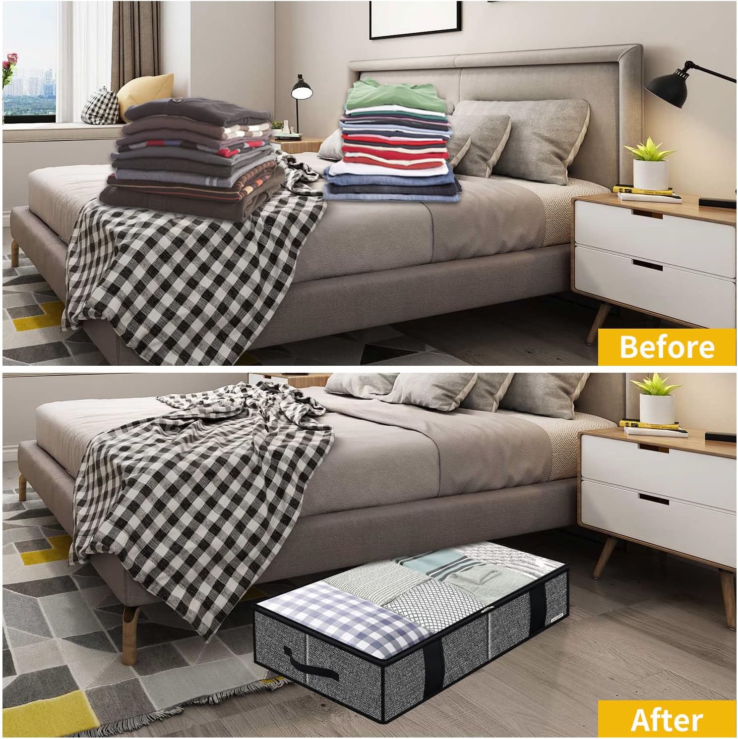 Onlyeasy Underbed Fabric Storage Bags Organizer with 4 Handles, 2 Zippers and Large Clear Window, for Clothes, Blankets, Bedding, Foldable with Sturdy Structure, 2 Pack, Linen-like Black, MXAUBBSS2P