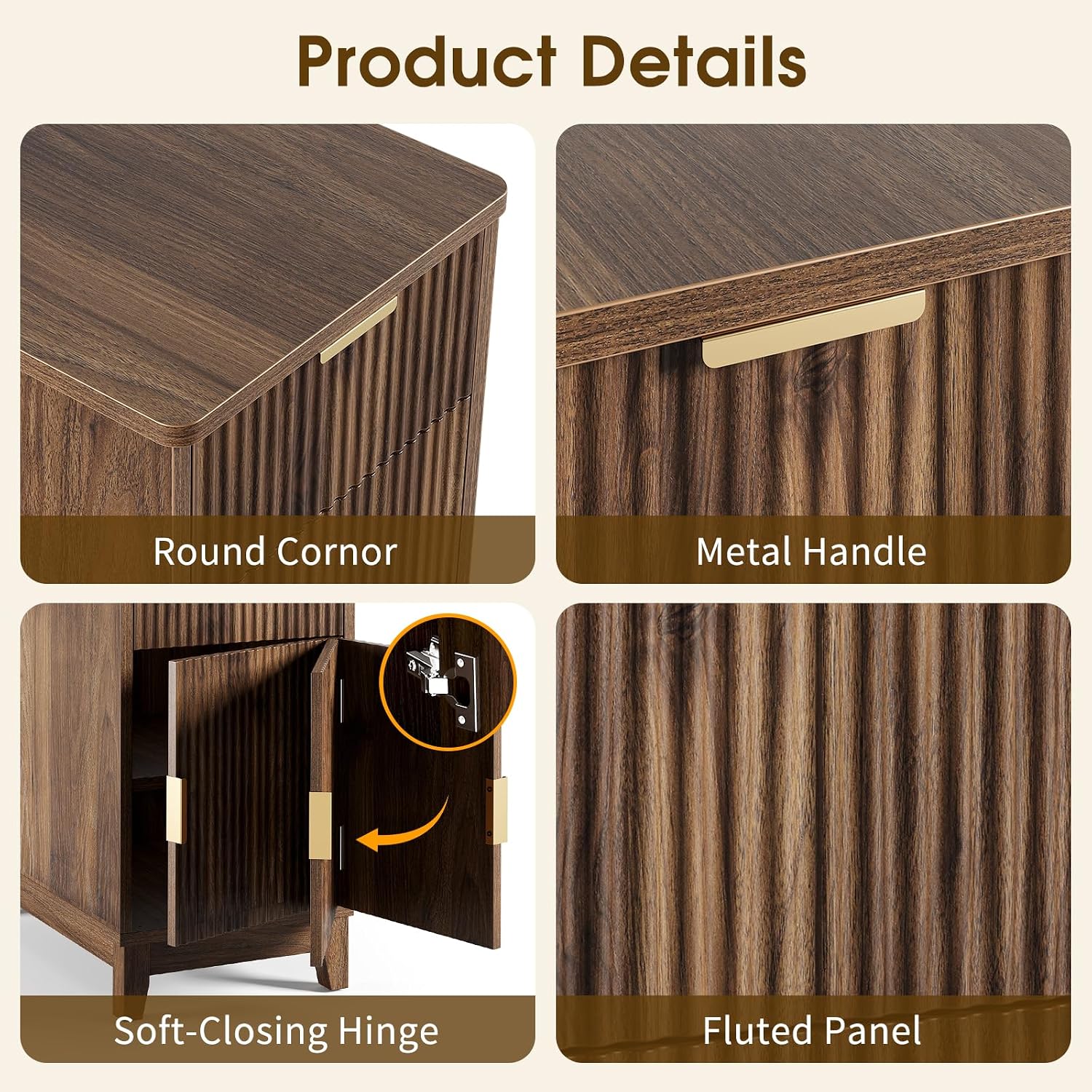 Yoobure End Table with Charging Station - Narrow Side Table for Living Room, Fluted Night Stand with Drawer and Storage Cabinet, Wood Nightstand with Adjustable Shelf for Bedroom Small Spaces, Walnut