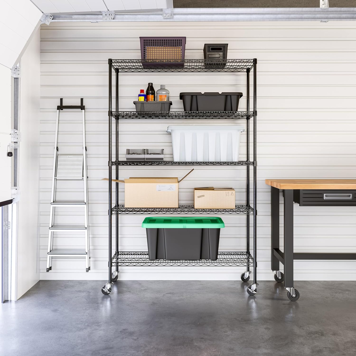 Seville Classics UltraDurable Heavy Duty NSF Solid Steel Wire Rack Storage Unit, Organizer for Garage, Warehouse, Office, Restaurant, Classroom, Kitchen, Black, 5-Tier Shelving, 48" W x 18" D