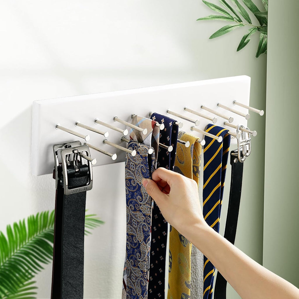 TreeHouse London Tie Rack Organizer – Holds 40 Large Ties – Solid Wood & Sturdy Metal Storage Holder for Closet – Wall Mounted Tie Display Hanger for Wall, Bedroom (White) 16''L x 4.25''H
