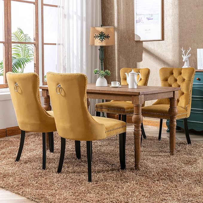 Modern Dining Chairs Set of 2, Tufted Upholstered Dining Chair with Solid Woo...