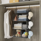 HapiRm Hanging Closet Organizer Storage - 4 Tier Metal Stackable Hanging Closet Shelves with Dividers and S Hooks, Foldable Clothes Shelves for Clothes, Pants, Shoes, Coat, Hats Clutches Accessories