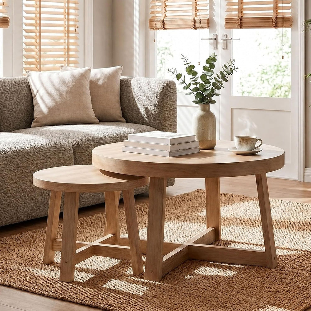 Round Nesting Tables Set of 2, Modern Coffee Table for Living Room (Natural)