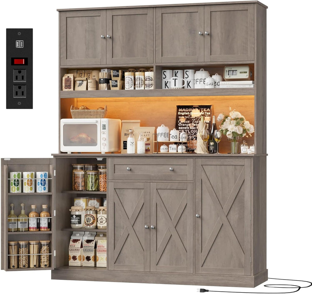 HIFIT 72.8” Tall Kitchen Pantry Cabinet with LED & Charging Station, 55” ...