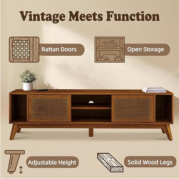 LKTART 68 Inch Mid Century Modern TV Stand with Rattan Doors,MCM Entertainment Center Media Console for 60/65/70/75 inch TVs,Long Boho Television Stand for Living Room,Light Walnut