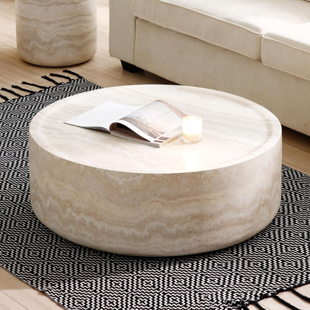 Round Coffee Table Set of 2,Marble Grain Coffee Table Set with Side Table,Cir...